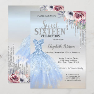 Glitter Drips,Blue Dress Flowers Silver Sweet 16 Invitation