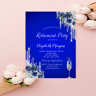Glitter Drips,Blue Flowers Royal Blue Retirement  Invitation