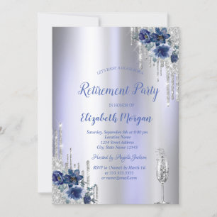  Glitter Drips,Blue Flowers Violet Retirement  Invitation