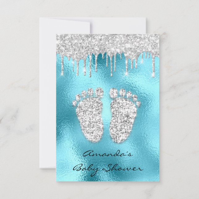 Glitter Drips Blue  Grey Baby Boy  Shower Feet Invitation (Back)