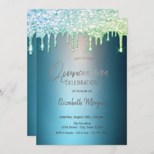 Glitter Drips Blue Quinceanera Invitation