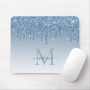Glitter Drips Blue Sparkle Monogram Elegant Script Mouse Mat