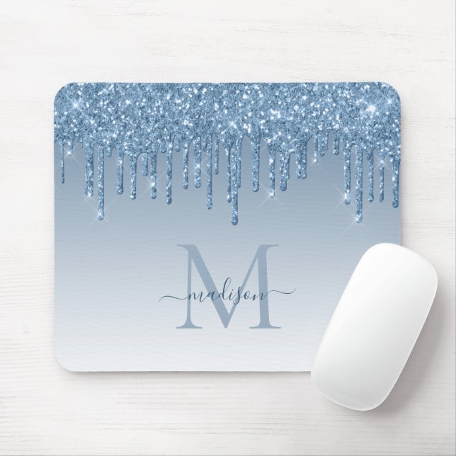 Glitter Drips Blue Sparkle Monogram Elegant Script Mouse Mat (With Mouse)