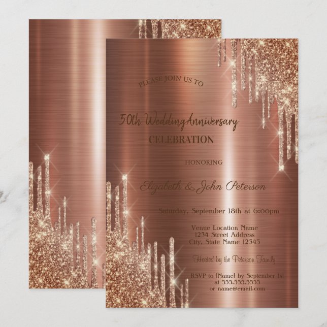  Glitter Drips Brown Metallic Wedding Anniversary Invitation (Front/Back)