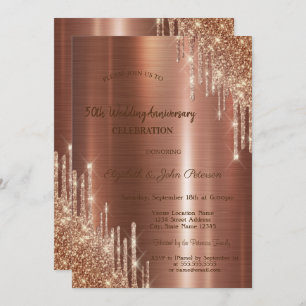 Glitter Drips Brown Metallic Wedding Anniversary Invitation
