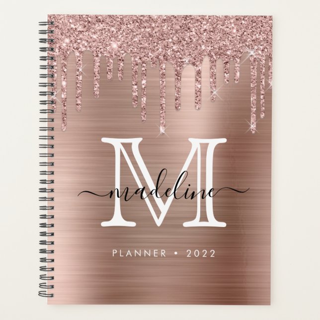 Glitter Drips Brushed Metal Rose Gold Monogram Planner (Front)