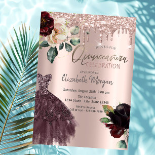 Glitter Drips,Burgundy Dress,Roses Quinceañera  Invitation