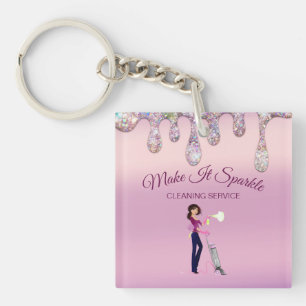 Glitter Drips Cartoon Maid Cleaning Service Key Ring