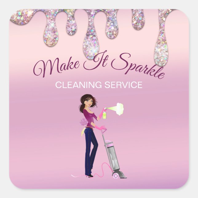 Glitter Drips Cartoon Maid Cleaning Service Square Sticker (Front)