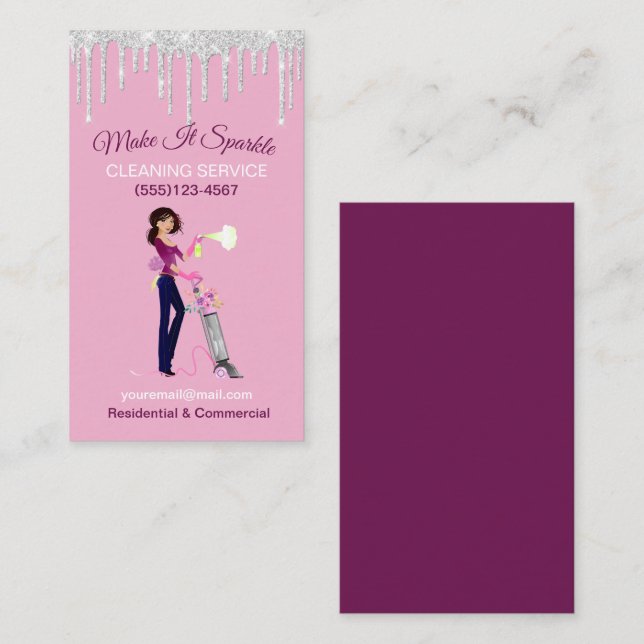 Glitter Drips Cartoon Maid Cleaning Services Business Card (Front/Back)