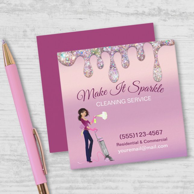 Glitter Drips Cartoon Maid Cleaning Services Square Business Card (Creator Uploaded)