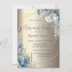 Glitter Drips Champagne Gold Blue Roses Frame Invitation