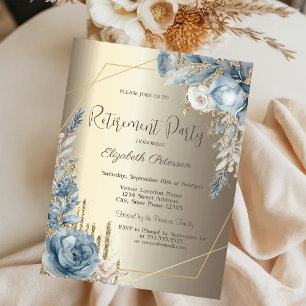 Glitter Drips Champagne Gold Blue Roses Frame Invitation