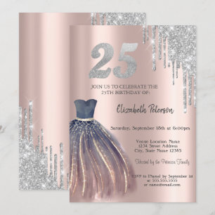 Glitter Drips, Chic Dress 25th Birthday  Invitation