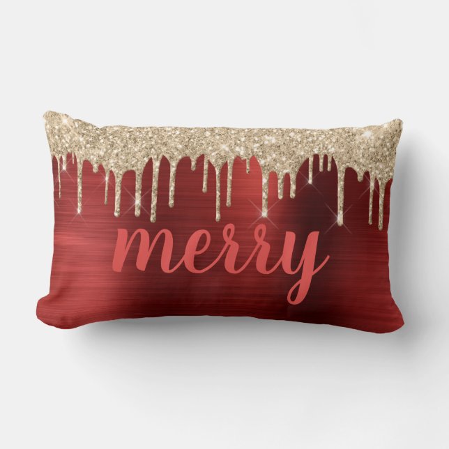 Glitter Drips Christmas Red Metallic Typography Lumbar Cushion (Front)