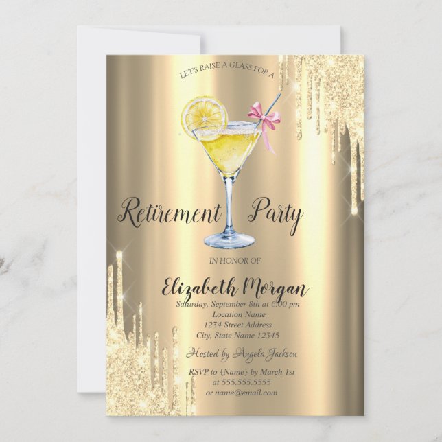 Glitter Drips,Cocktail,Gold Retirement    Invitation (Front)