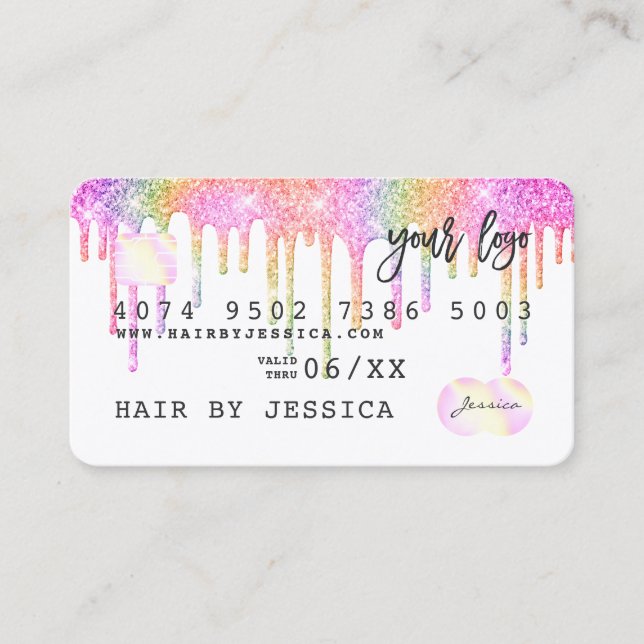 Glitter drips Credit card holographic rainbow pink (Front)