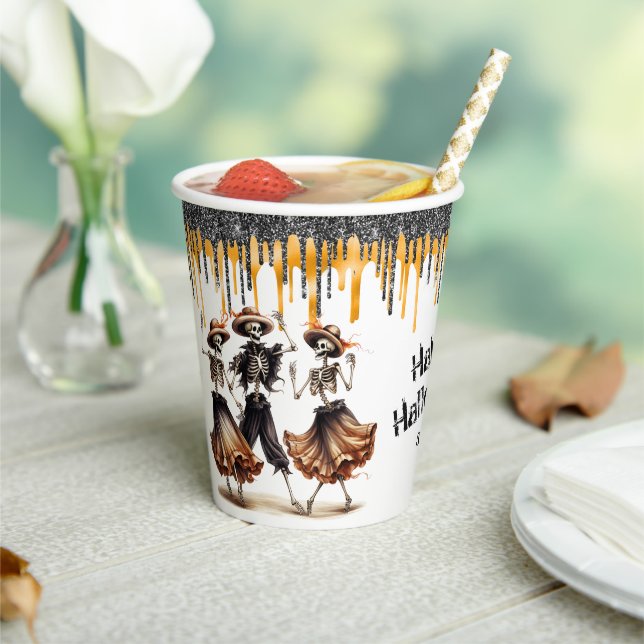 Glitter Drips Dancing Skeletons Halloween Party Paper Cups (Insitu)