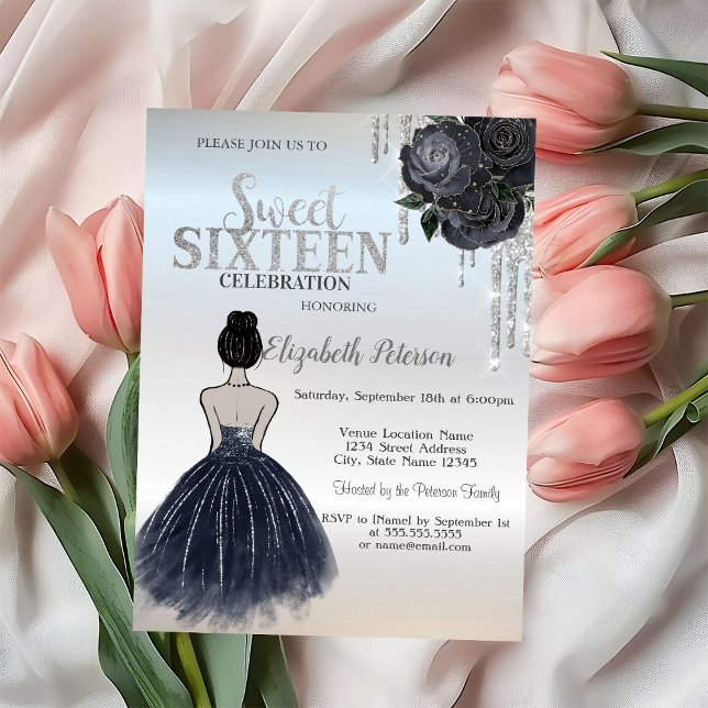 Glitter Drips,Dark Blue Dress Roses Sweet 16   Invitation (Creator Uploaded)