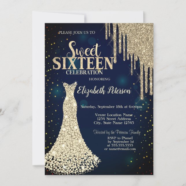 Glitter Drips,Diamonds Dress Navy Blue Sweet 16   Invitation (Front)