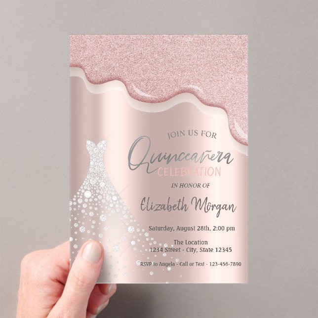  Glitter Drips Diamonds Dress Quinceañera  Acrylic Invitations (Insitu (Handheld))