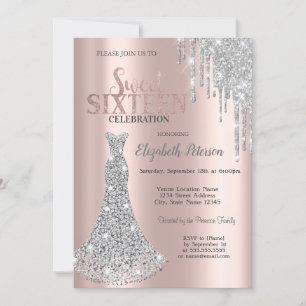 Glitter Drips,Diamonds Dress Rose Gold Sweet 1 Invitation