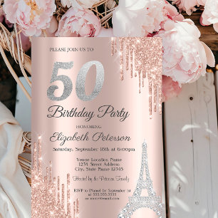 Glitter Drips,Diamonds Eiffel Tower 50th Birthday Invitation