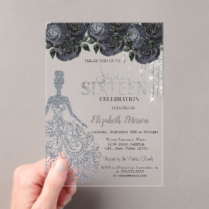 Glitter Drips,Dress Black Roses Sweet 16   Invitat Acrylic Invitations