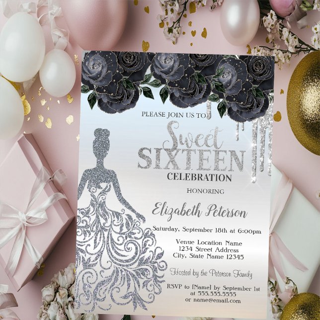 Glitter Drips,Dress Black Roses Sweet 16   Invitation (Creator Uploaded)