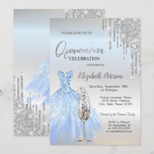 Glitter Drips,Dress,Champagne Glass Quinceañera Invitation