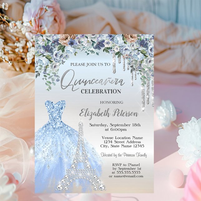Glitter Drips,Dress,Eiffel Tower Blue Flowers Invitation (Creator Uploaded)
