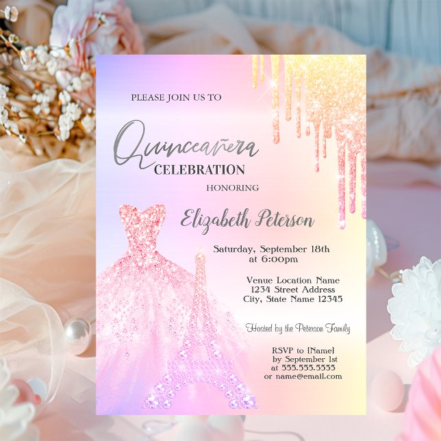 Glitter Drips,Dress,Eiffel Tower OmbreQuinceañera  Invitation (Creator Uploaded)
