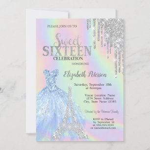 Glitter Drips,Dress,Eiffel Tower Opal Sweet 16   Invitation