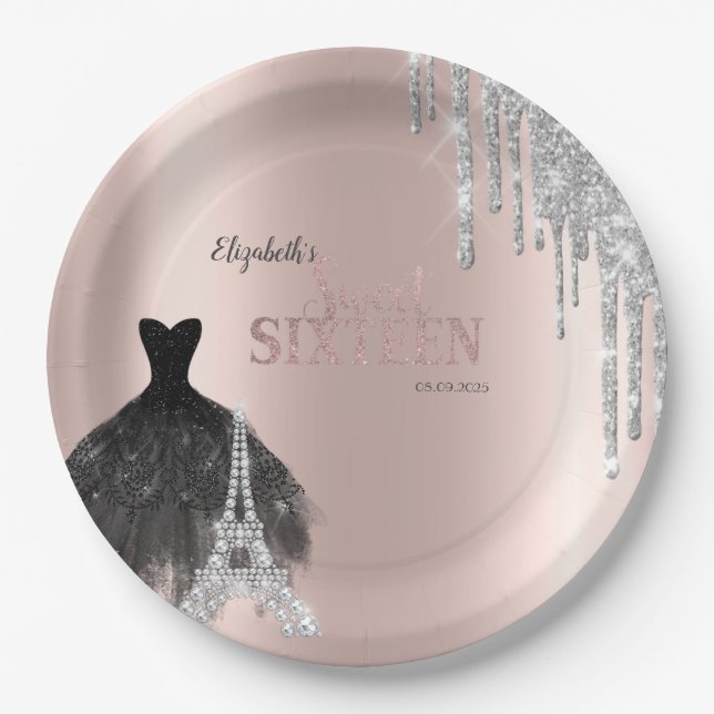 Glitter Drips,Dress,Eiffel Tower Sweet 16 Paper Plate (Front)
