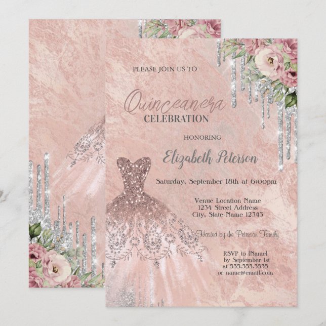 Glitter Drips,Dress Floral Chic Quinceanera  Invitation (Front/Back)