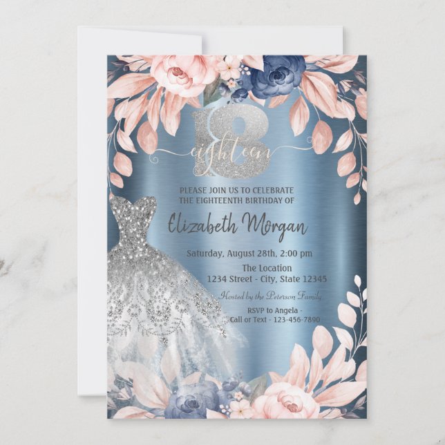 Glitter Drips Dress Flowers Blue Metallic 18th Invitation (Front)