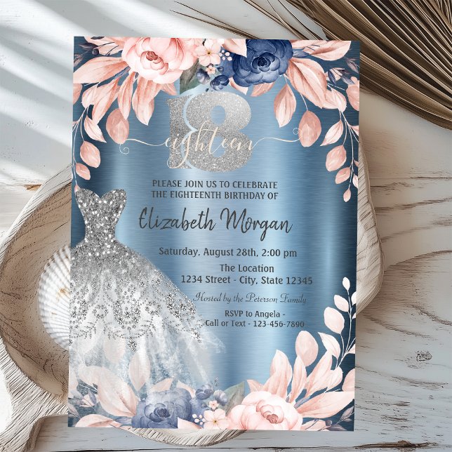 Glitter Drips Dress Flowers Blue Metallic 18th Invitation (Creator Uploaded)