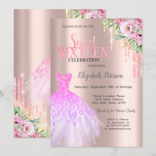 Glitter Drips,Dress Flowers Rose Gold Sweet 16 Invitation