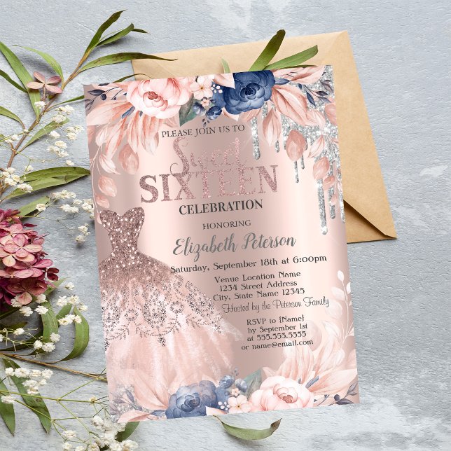 Glitter Drips,Dress,Flowers Rose Gold Sweet 16 Invitation (Creator Uploaded)