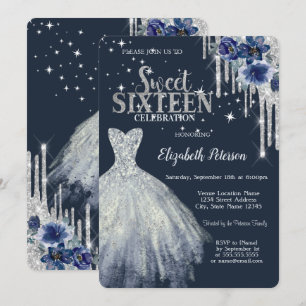 Glitter Drips Dress Flowers Stars Blue Sweet 16 Invitation