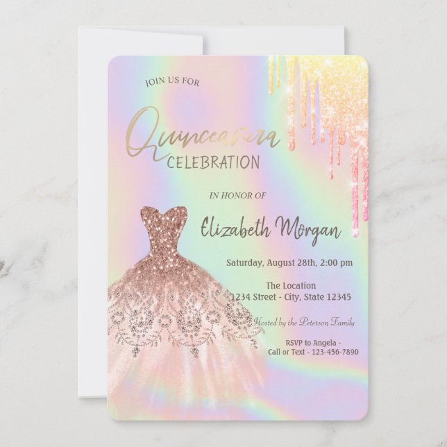  Glitter Drips Dress Holographic Quinceañera Invitation (Front)