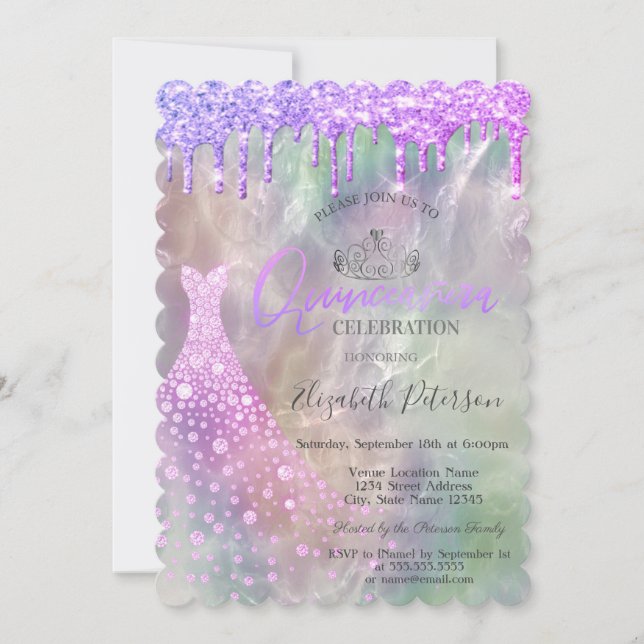 Glitter Drips Dress Holographic Quinceañera  Invitation (Front)