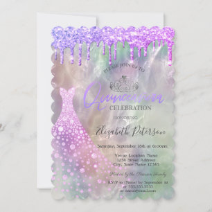 Glitter Drips Dress Holographic Quinceañera  Invitation