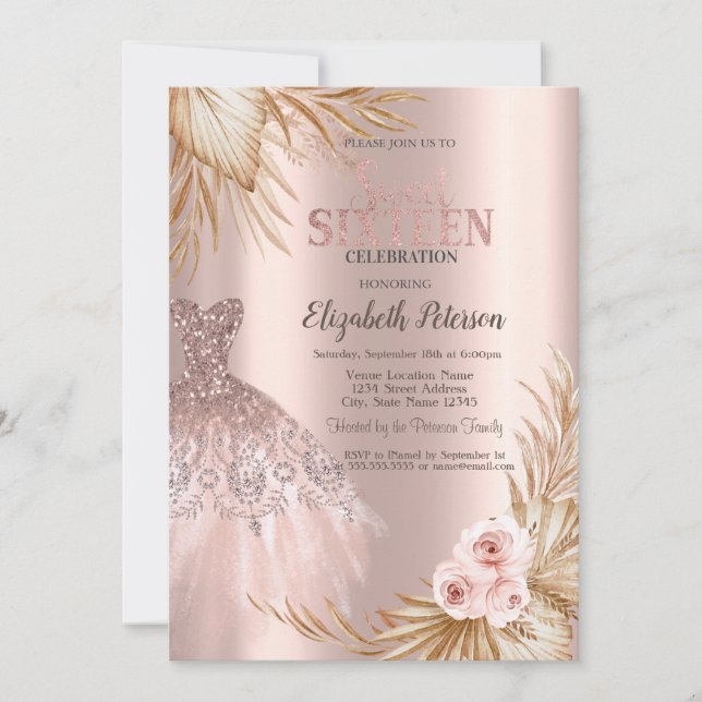 Glitter Drips,Dress,Pampas Rose Gold Sweet 16   Invitation (Front)