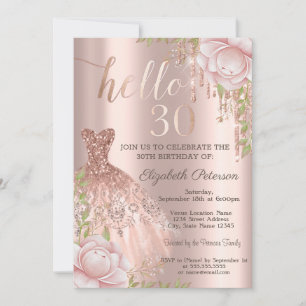 Glitter Drips Dress Pink Roses Rose Gold 30th  Invitation