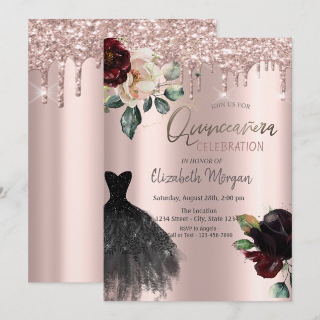  Glitter Drips,Dress,Roses Quinceañera  Invitation (Front/Back)
