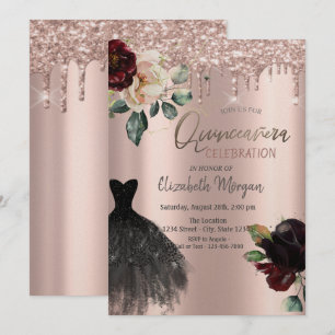 Glitter Drips,Dress,Roses Quinceañera  Invitation
