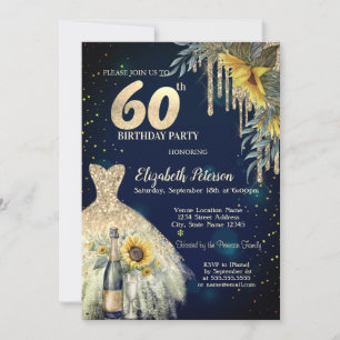 Glitter Drips,Dress,Sunflowers Blue 60th Birthday Invitation