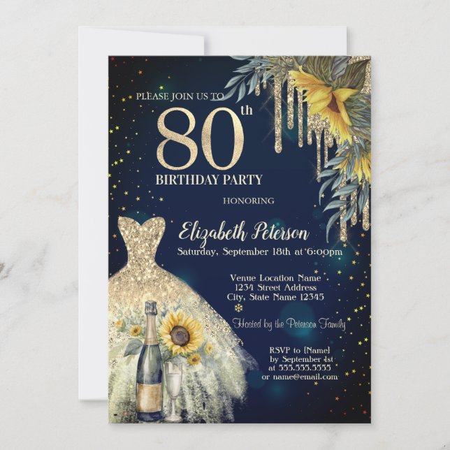 Glitter Drips,Dress,Sunflowers Blue 80th Birthday Invitation (Front)