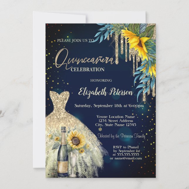 Glitter Drips,Dress,Sunflowers Blue Quinceanera Invitation (Front)